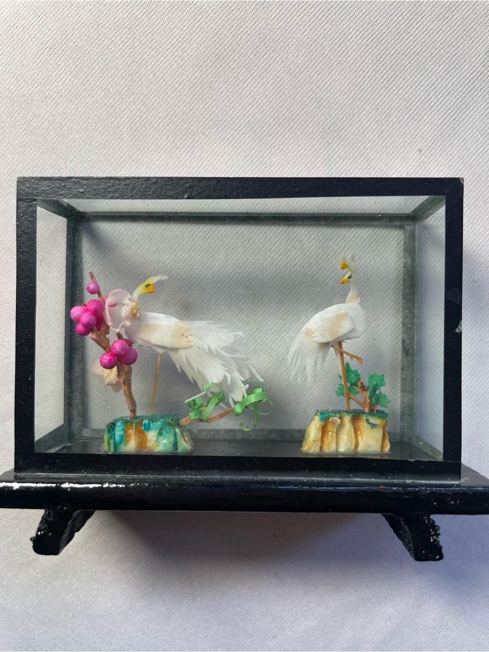 Vintage Miniature Chinese Shell Art Diorama Shadow Box Handcrafted White Cranes